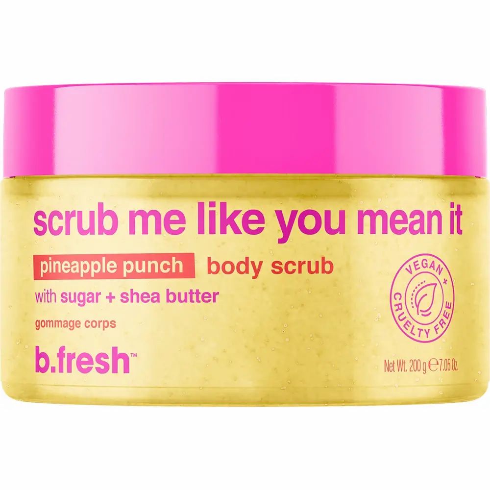 Gelbes Tiegel mit rosa Deckel. Aufschrift: Scrub me like you mean it. B.fresh Logo. Vegan-Siegel.