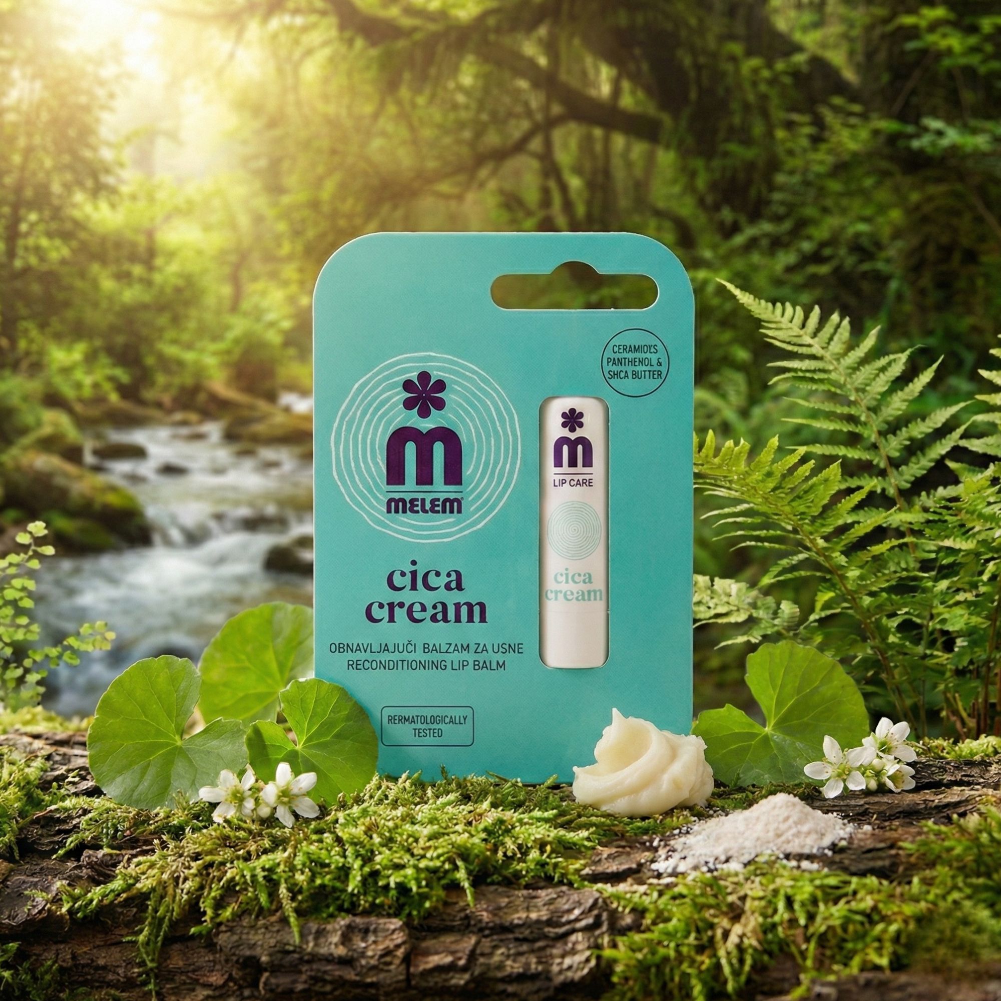 Melem Cica Cream Lippenpflegestift in Verpackung. Türkis-weiße Verpackung, weißer Stift. Blüten, Blätter, Creme und Pulver auf Moos und Holz.