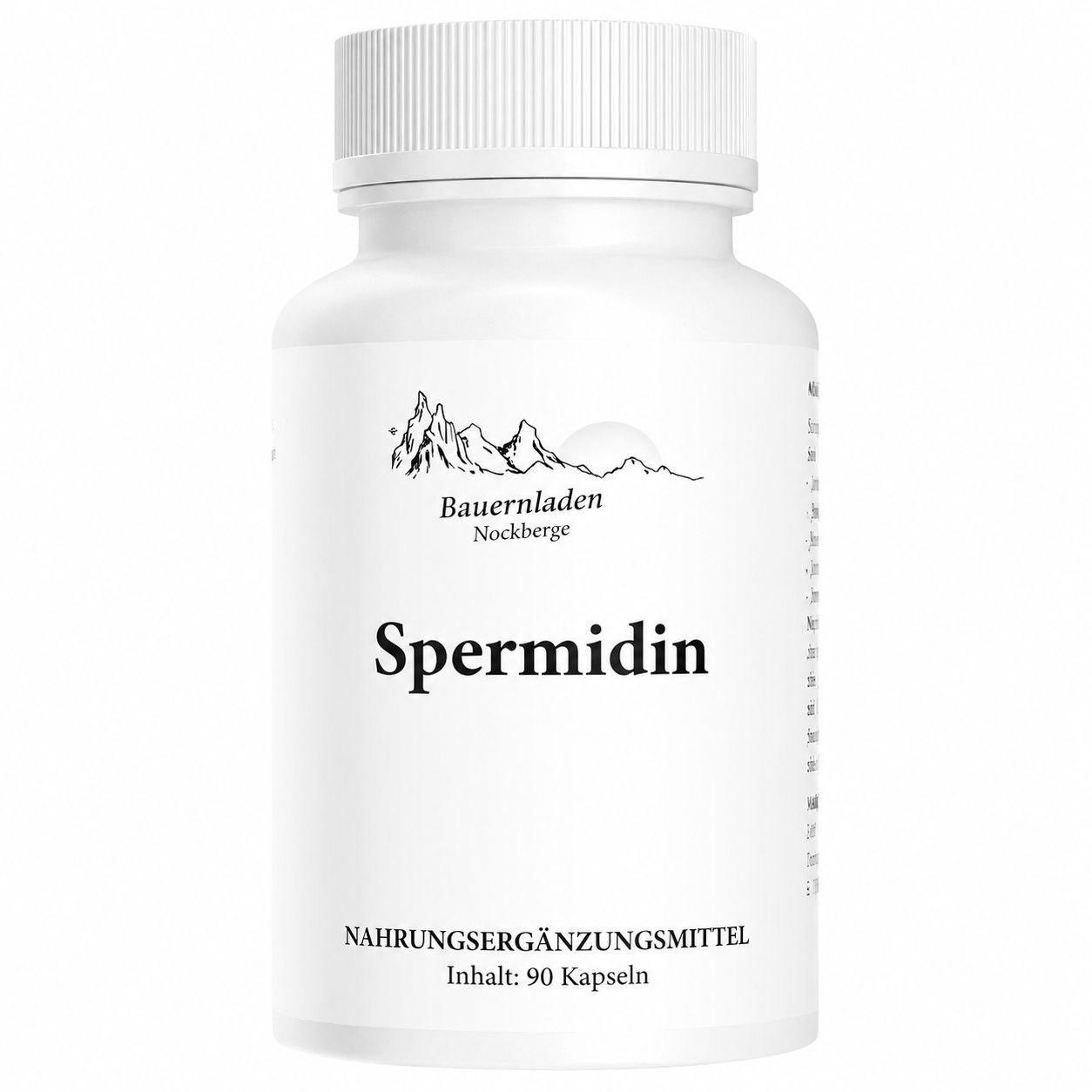Weiße Flasche mit Spermidin-Kapseln, 90 Stück. Logo mit Bergen und Sonne.