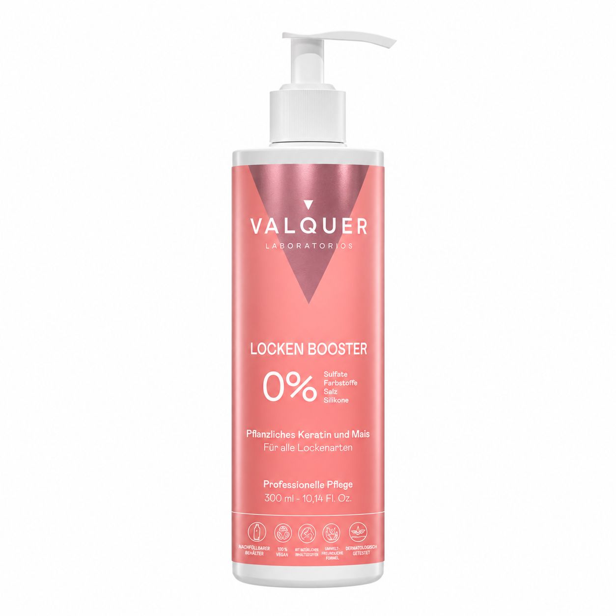 Flasche mit Pumpspender, VALQUER LABORATORIES, Locken Booster, 0% Silikone, pflanzliches Keratin und Mais.