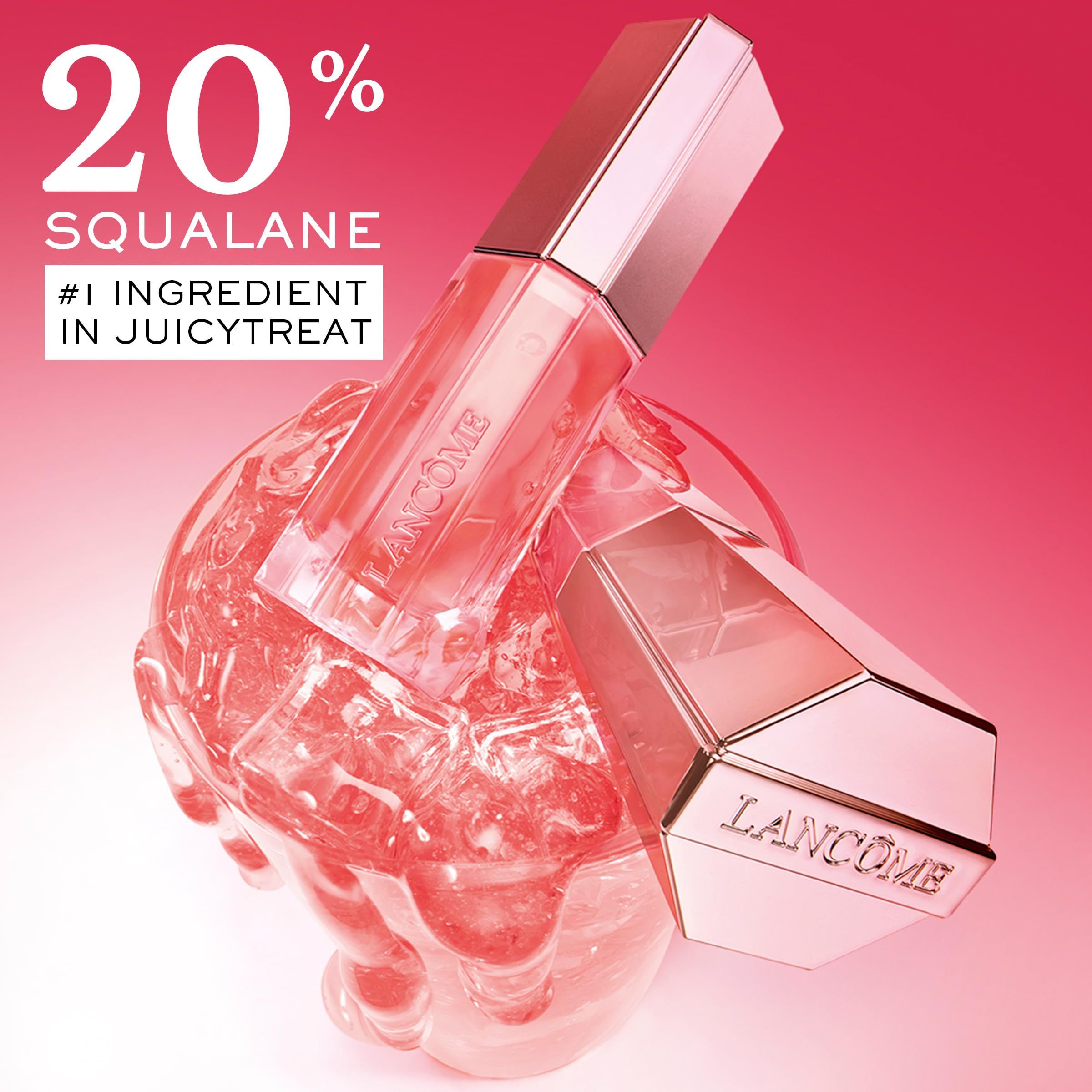 Zwei Lip Idole Juicytreat-Flakons auf Eis. Text: 20% Squalan, #1 Inhaltsstoff in Juicytreat. Lancôme-Logo.