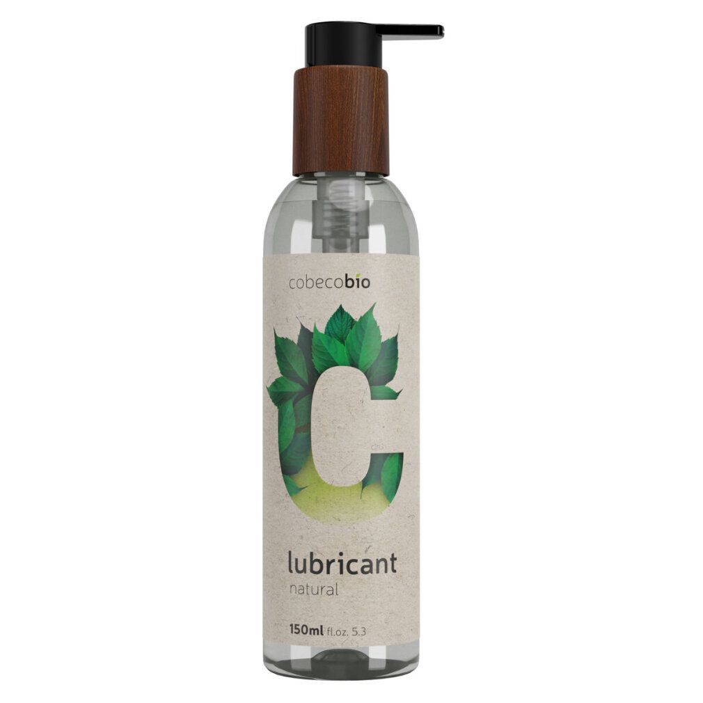 Klare Flasche mit braunem Holzdeckel und schwarzem Pumpkopf. Etikett mit grünem Blattmotiv und Schriftzug "lubricant natural".