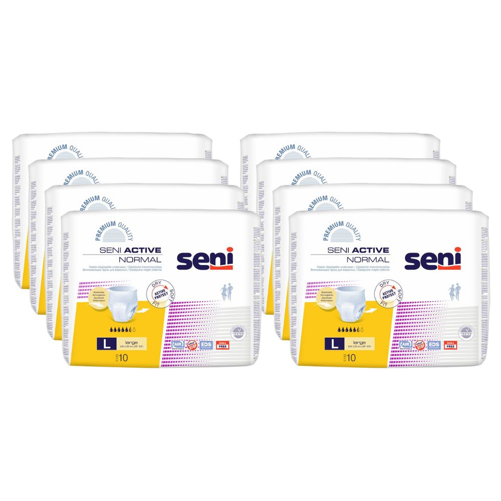 Mehrere Packungen Seni Active Normal Inkontinenzpants. Jede Packung enthält 10 Stück in Größe L.