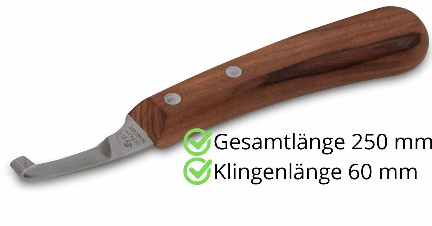 Hufmesser mit Holzgriff. Text: Gesamtlänge 250 mm, Klingenlänge 60 mm. Klinge gebogen.