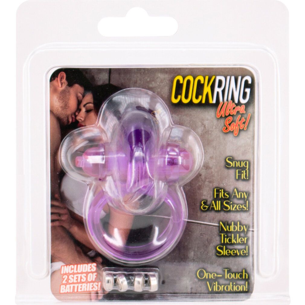 Lila Cockring mit Vibrationsfunktion, in Verpackung. Enthält Batterien. Text: Ultra Soft, Snug Fit, Nubby Sleeve, One-Touch Vibration.