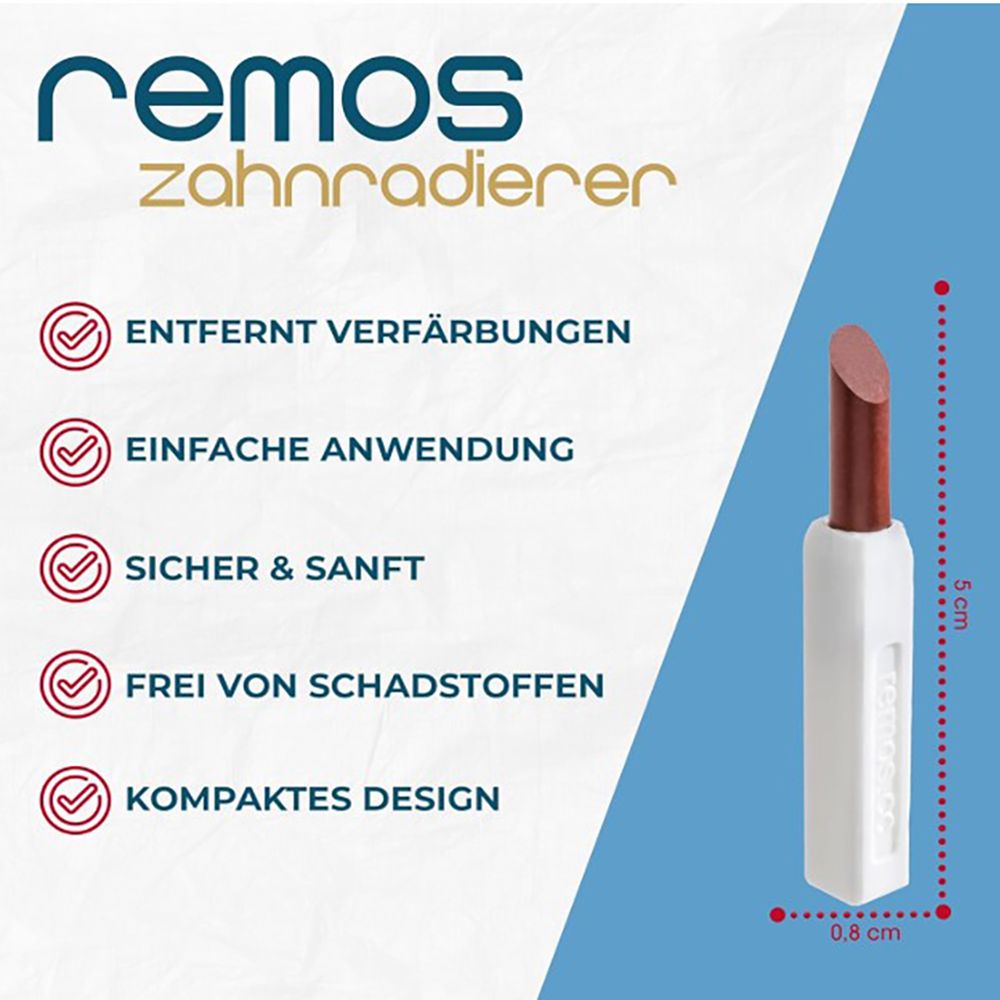 REMOS Zahnradierer: 5cm lang, 0.8cm breit. Entfernt Verfärbungen, einfache Anwendung, sicher & sanft.