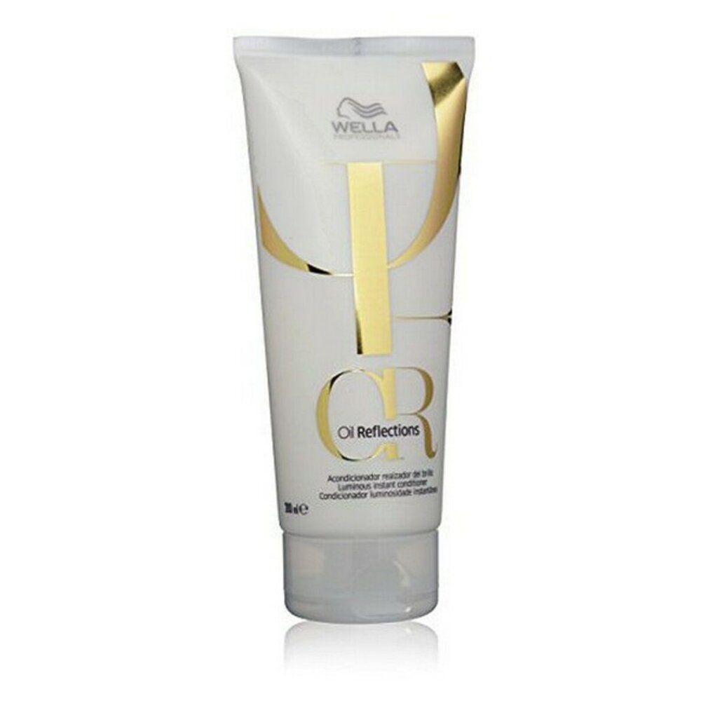 Weiße Tube mit goldfarbenem Schriftzug. Aufschrift: Wella Oil Reflections Luminous Instant Conditioner. Produktverpackung.