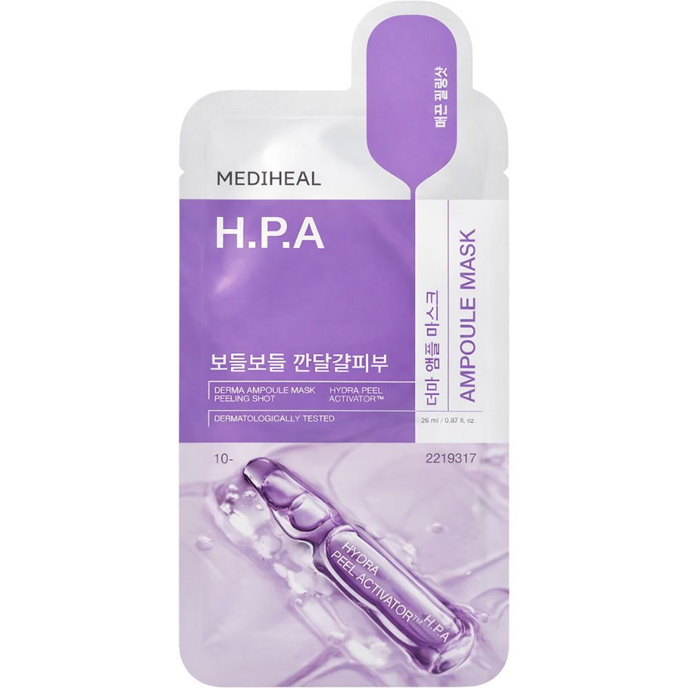 MEDIHEAL Derma Ampoule Tuchmaske H.P.A. Einzelne Maskenverpackung mit Ampulle. Lila und weißes Design, Produktnamen.