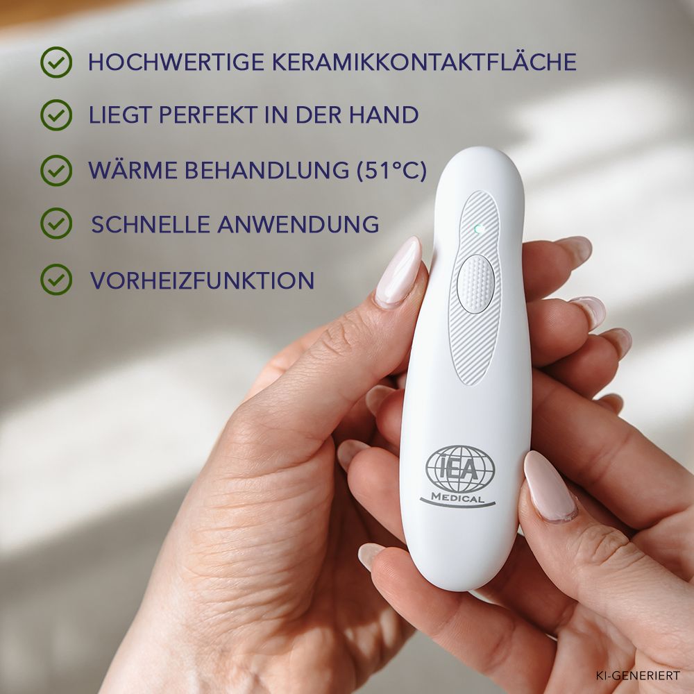 Hände halten weißen Insektenstichheiler mit IEA MEDICAL Logo und Keramikkontaktfläche.