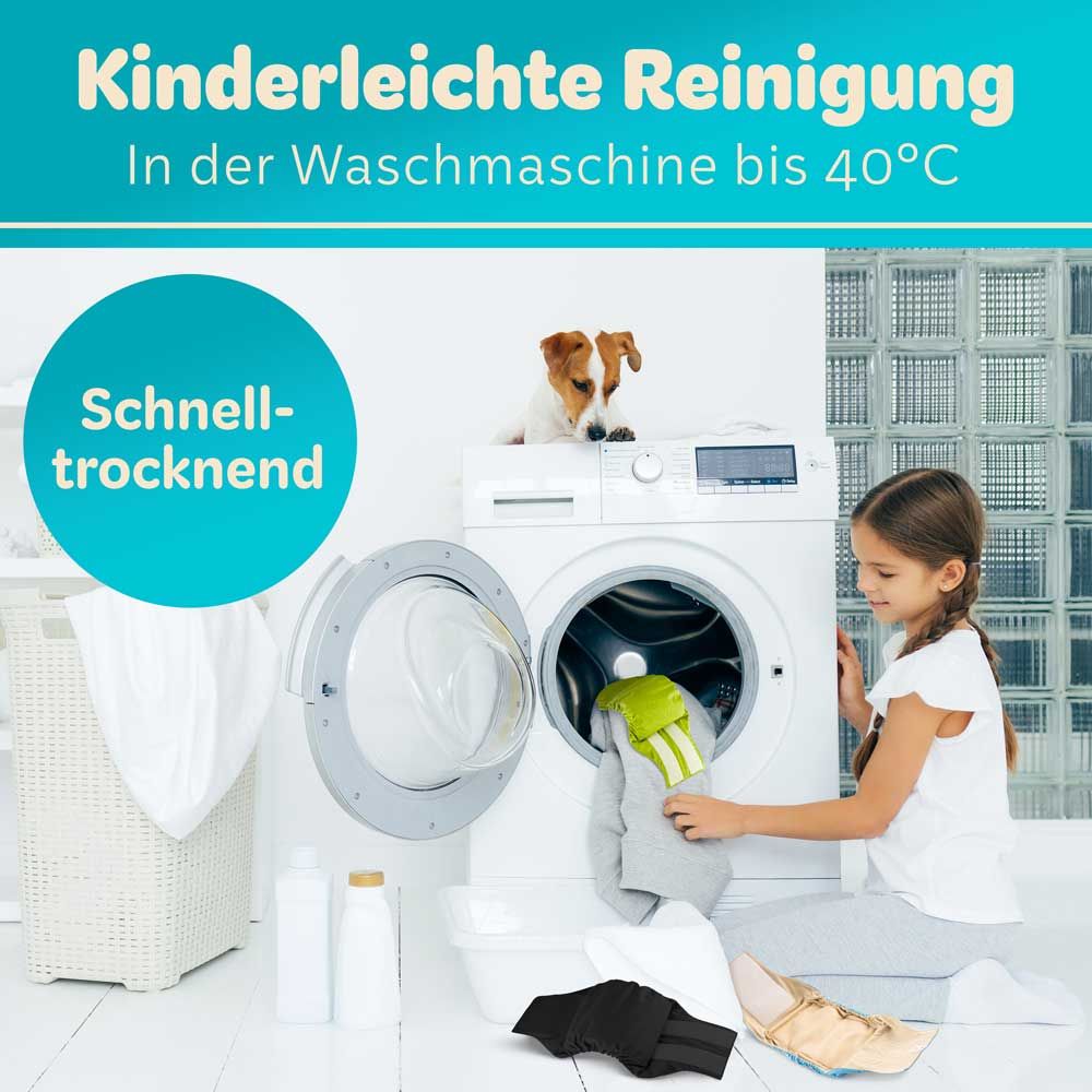 Waschmaschine mit Text, Kind, Hund. Text: Kinderleichte Reinigung, Schnelltrocknend, In der Waschmaschine bis 40°C.