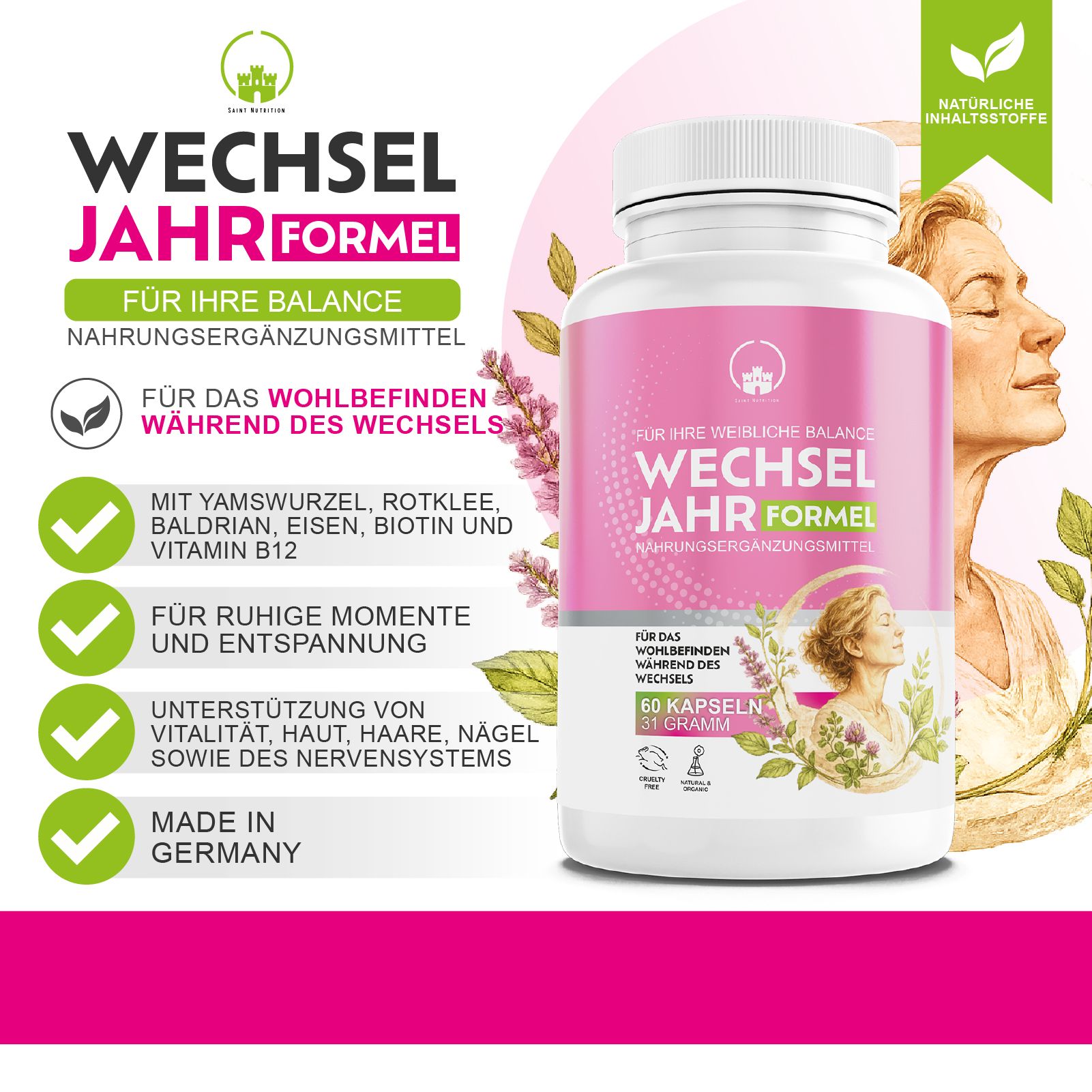 Verpackung mit Flasche, die Wechseljahr Formel zeigt. Mit Siegel 'Made in Germany'.