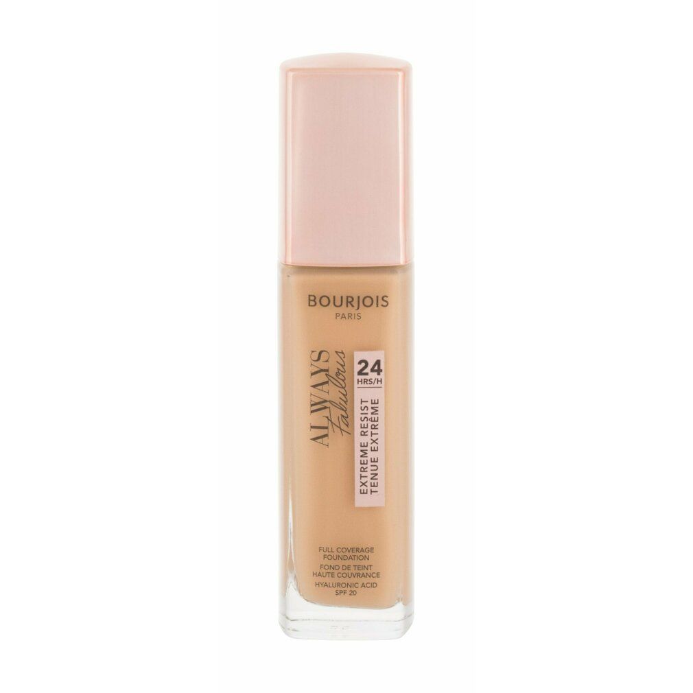 Bourjois Always Fabulous Foundation. Flasche mit hellrosa Deckel. Text: 24H, SPF 20.