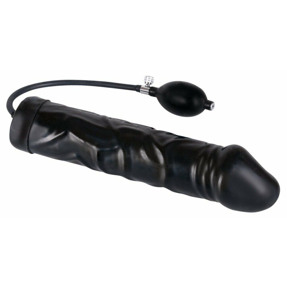 Schwarzer, aufblasbarer Dildo mit Pumpe. Latex-Material. Geriffelte Oberfläche. Mit schwarzem Schlauch und Pumpe.