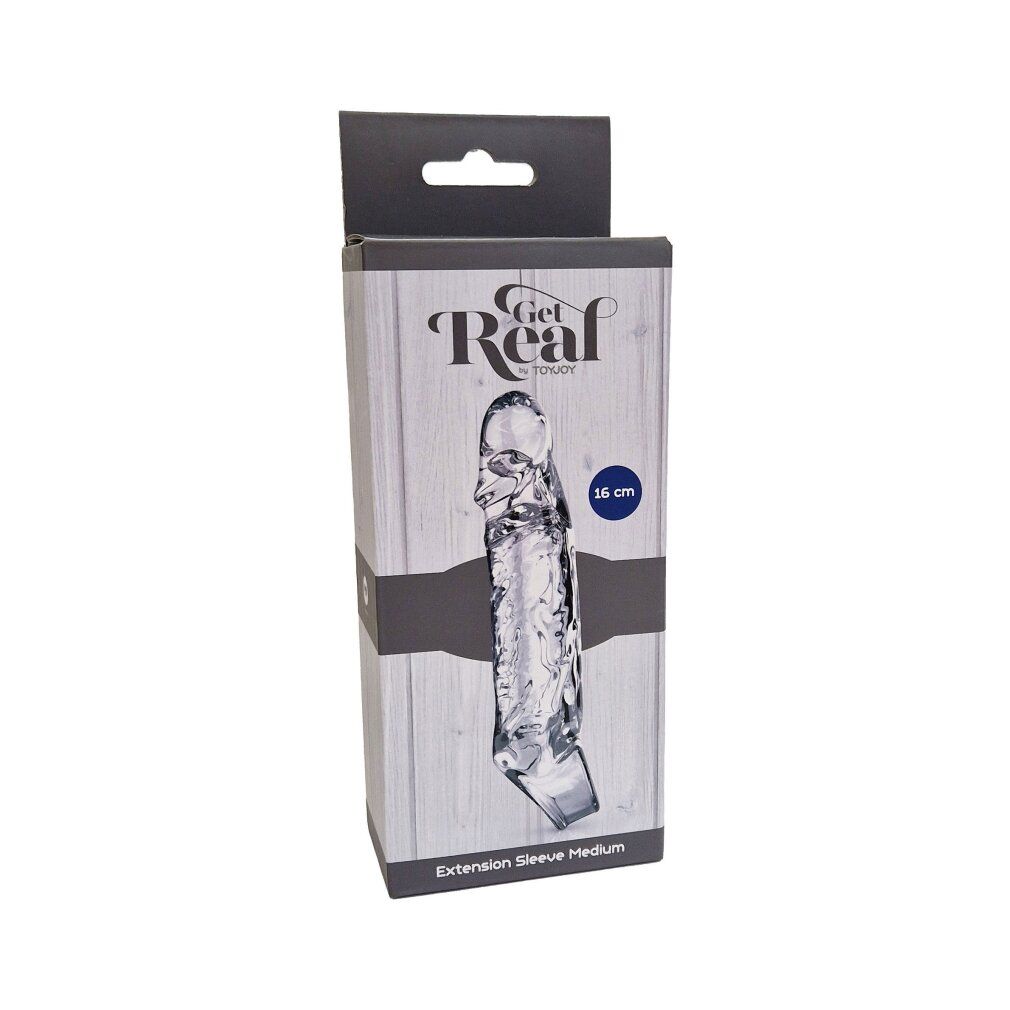 Verpackung mit Produktabbildung. Aufschrift 'Get Real' und '16 cm'. Produkt: Dehnbare Penishülle.