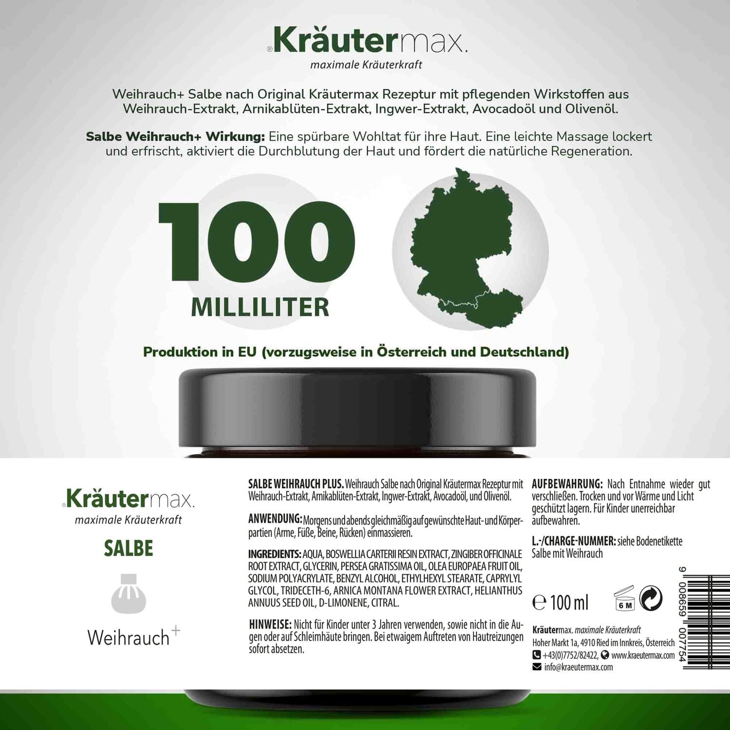 Braune Dose mit schwarzem Deckel. Aufschrift: Kräutermax Salbe Weihrauch+. 100 Milliliter. EU-Produktion.