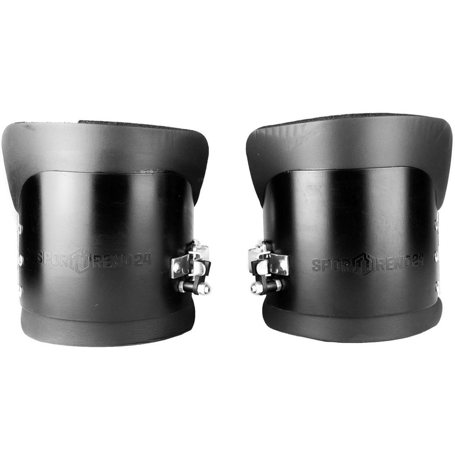 Zwei schwarze Gravity Boots mit dem Schriftzug Sporttrend24 und Metallverschlüssen.