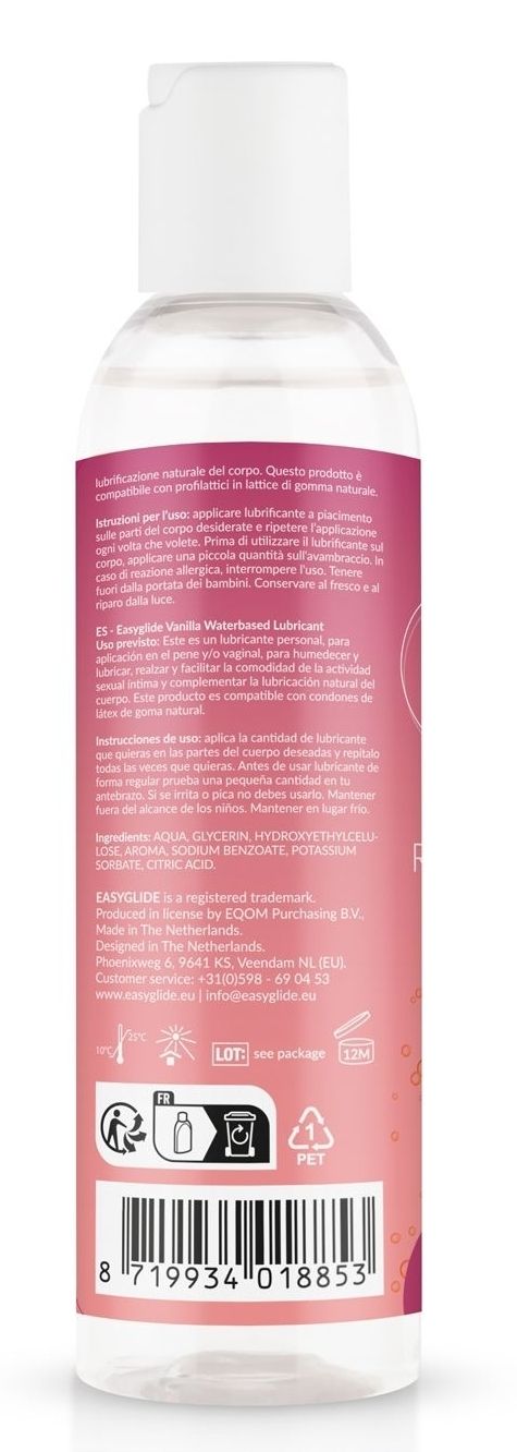 Rückseite der Flasche. Rosa Etikett mit Text in mehreren Sprachen. Vegan-Siegel. Informationen zur Anwendung.