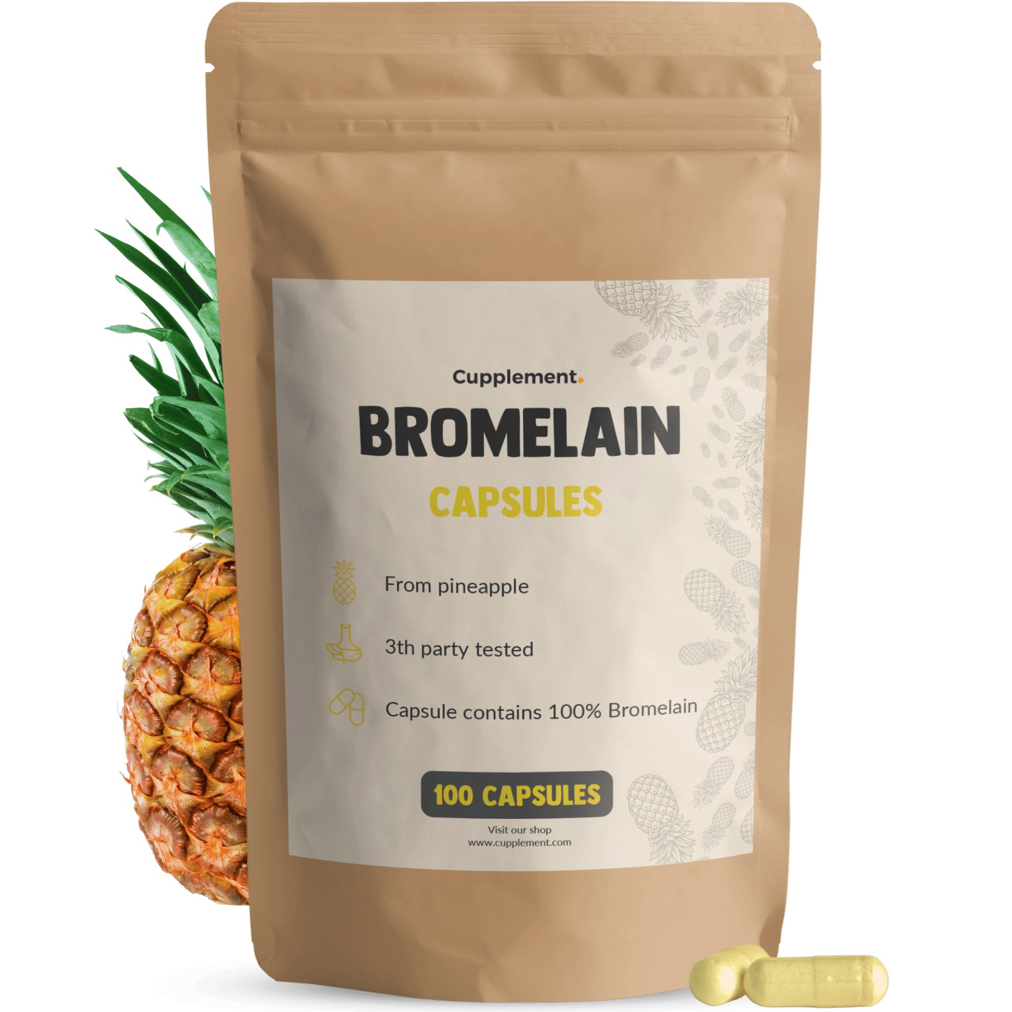 Beutel mit Bromelain-Kapseln. Aufschrift: Bromelain Capsules, 100 Kapseln. Ananas daneben.