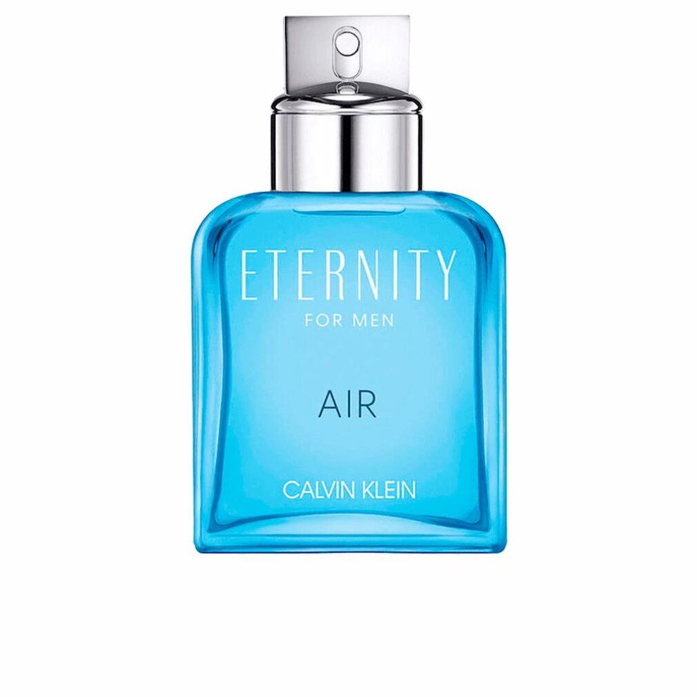 Calvin Klein Eternity Air for Men Eau de Toilette Flakon, blau, rechteckig, mit silbernem Zerstäuber.