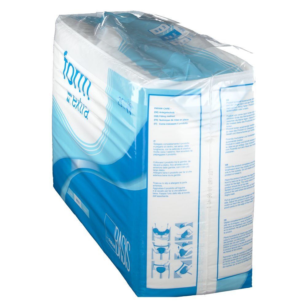 Schräg gestellte Verpackung 'form extra'. Blaue und weiße Verpackung, 'PARAM BASIS' Logo. Anweisungen auf der Seite.