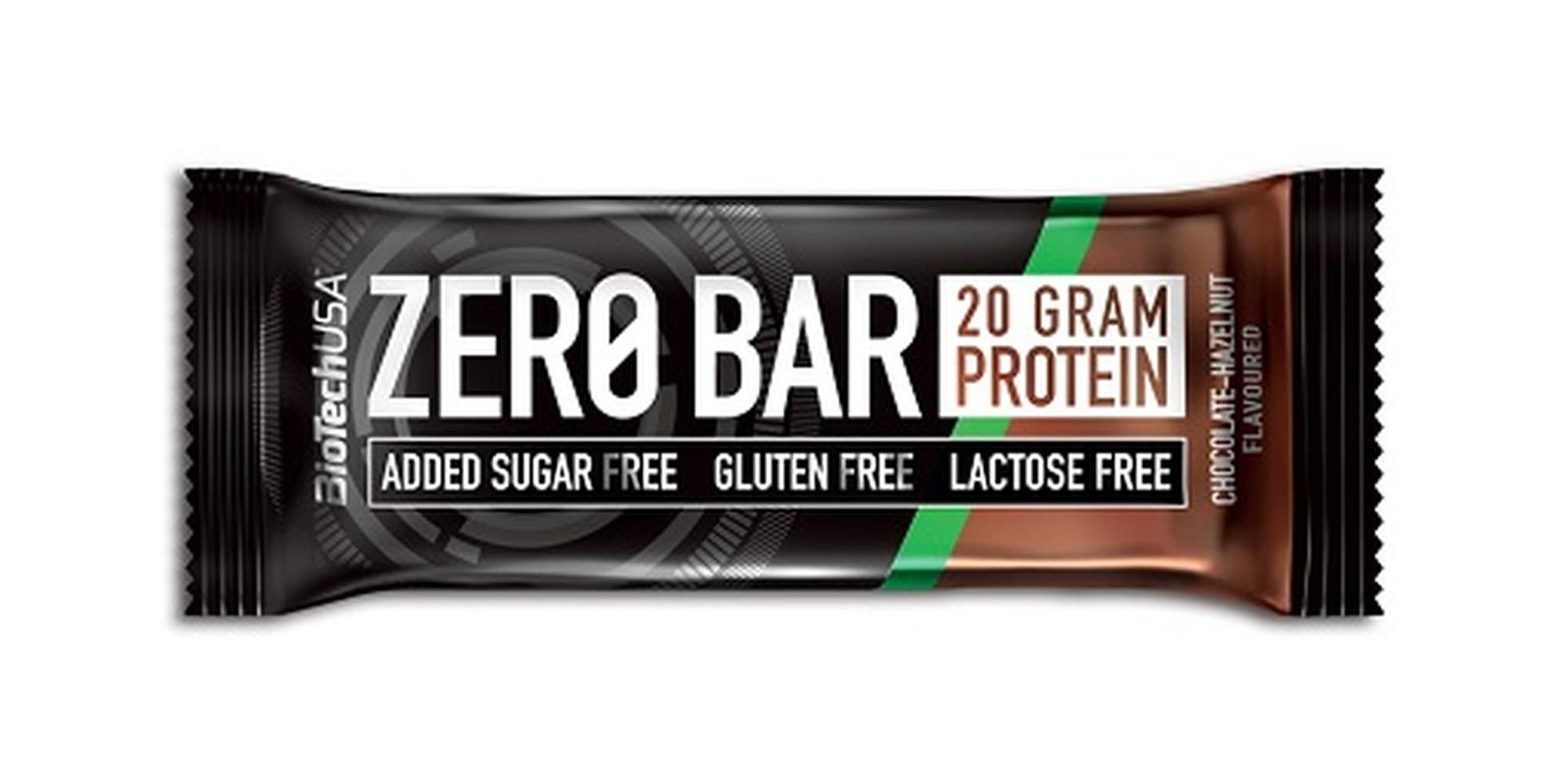 Einzelne Proteinriegel-Verpackung. Aufschrift: ZERO BAR, 20g Protein, zuckerfrei, glutenfrei, laktosefrei, Schoko-Haselnuss.