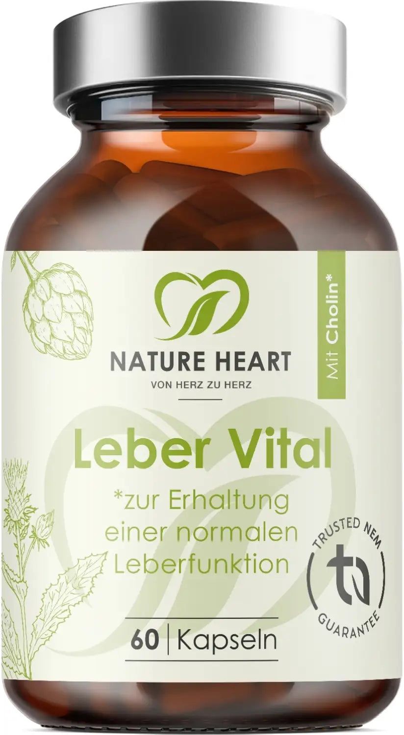 Nature Heart Leber Vital Kapseln: Braunglasflasche mit 60 Kapseln, enthält 9 Pflanzenextrakte und Cholin.