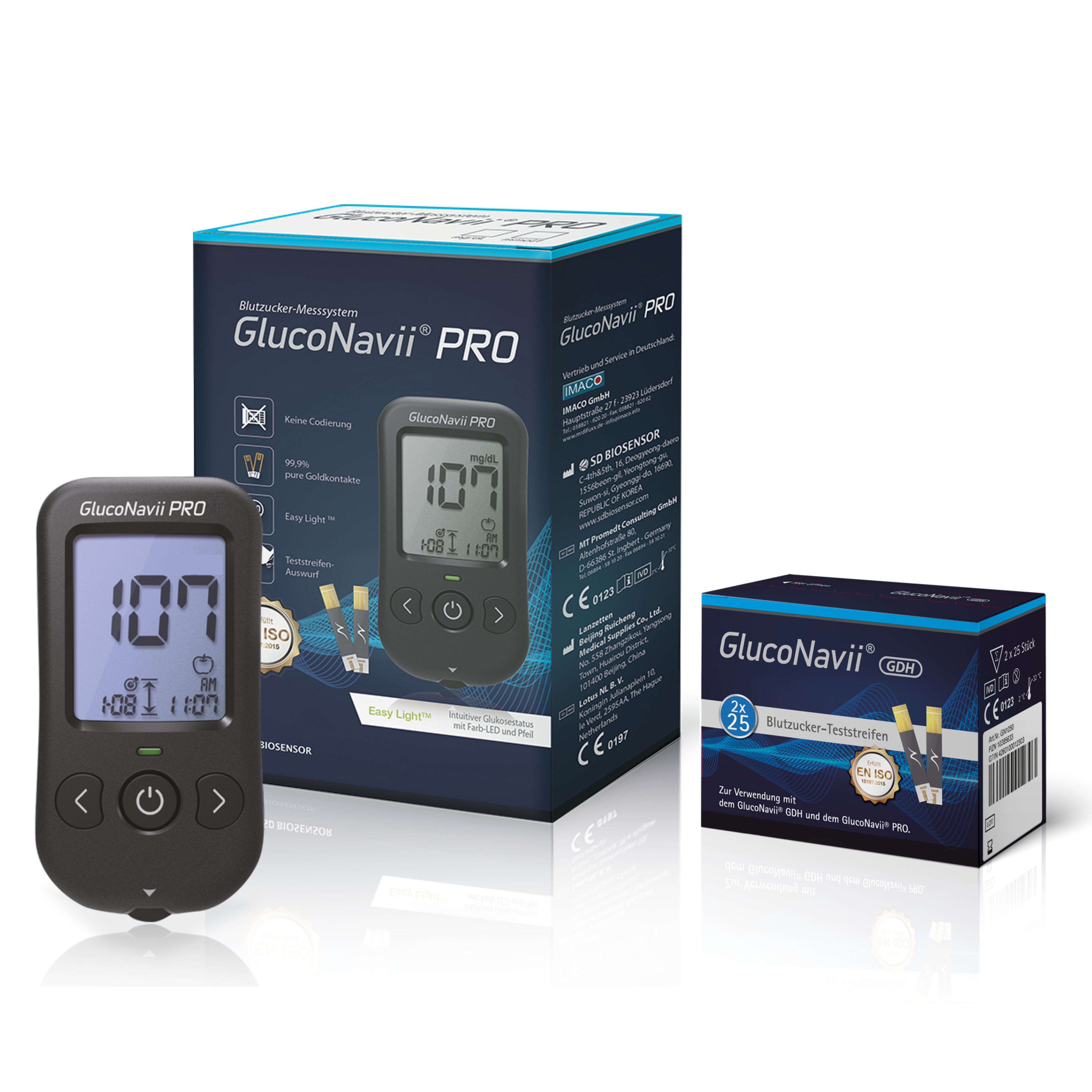 Blutzuckermessgerät GlucoNavii PRO mit Display, Teststreifen-Packung und Verpackung. Das Gerät zeigt 107 an.
