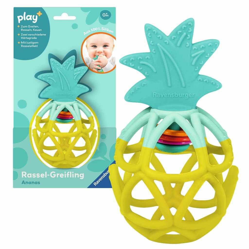 Ananas-Greifling aus Silikon. Gelb-türkise Form mit Rasselelementen. Verpackung mit Produktabbildung und Baby.