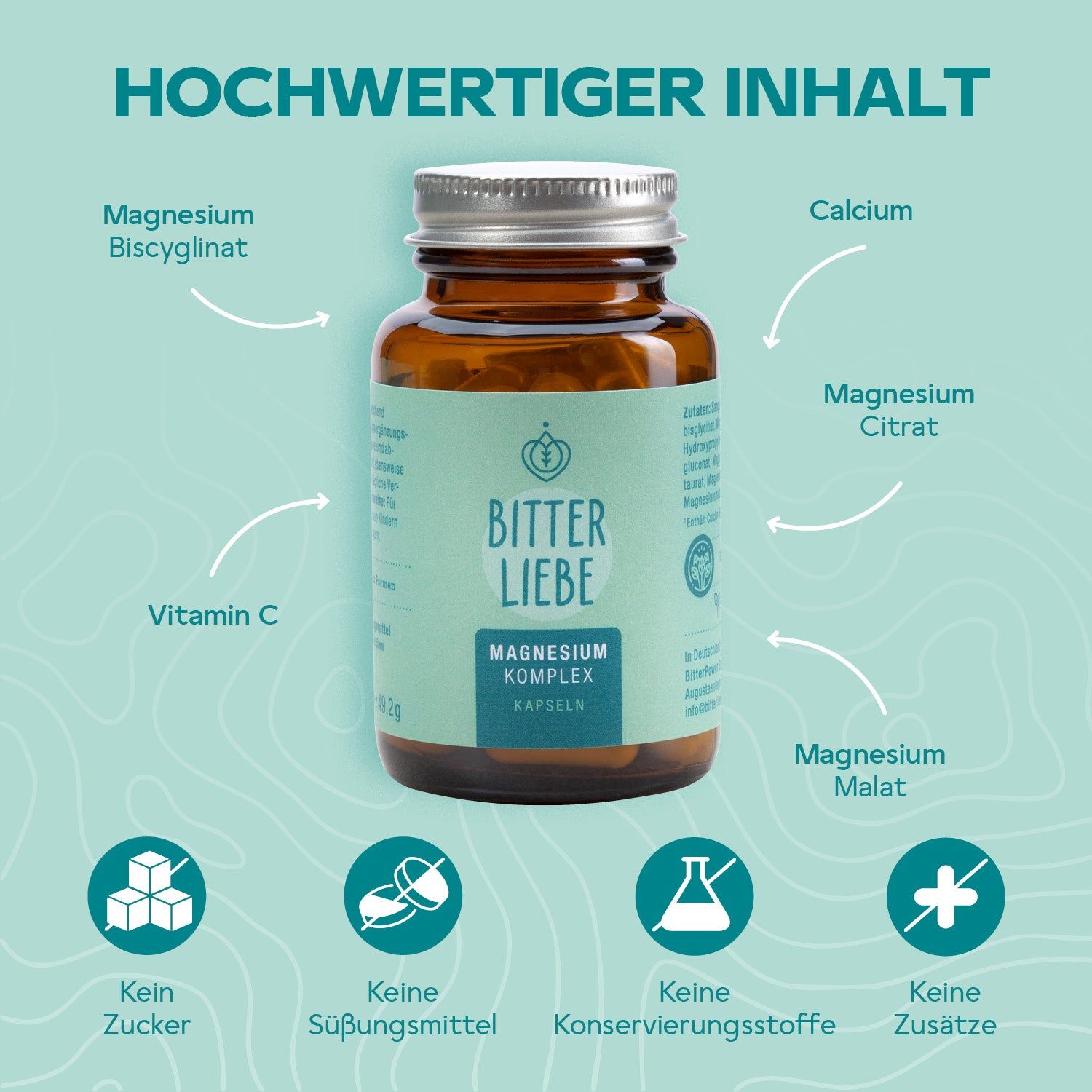 Braune Glasflasche mit Kapseln. Etikett BitterLiebe, Magnesium Komplex Kapseln. Text: Hochwertiger Inhalt. Pfeile.