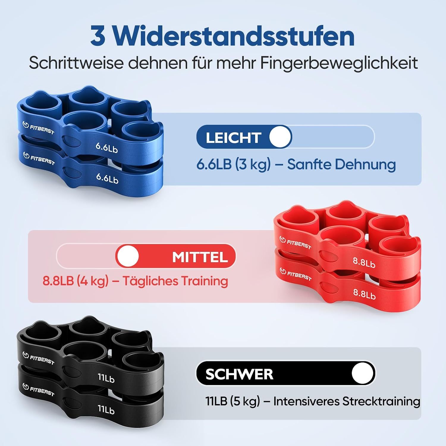 Drei Paar farbige Finger-Dehnungsringe mit Beschriftung der Widerstandsstufen.
