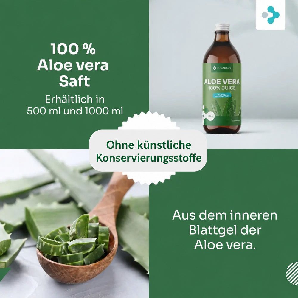 Flasche FutuNatura Aloe Vera Saft, Text über Inhaltsstoffe und Herkunft des Gels.