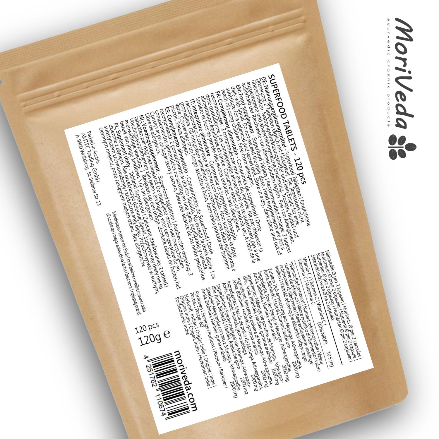 Braune Tüte mit weißem Etikett. Text: Superfood Tabletten, 120 Stück, 120g. MoriVeda Logo und Text.