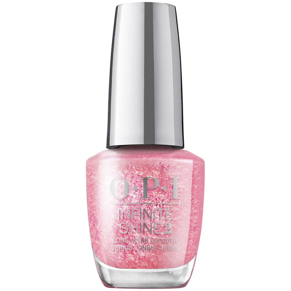 Nagellackflasche. Rosa Nagellack mit Glitzer. OPI Infinite Shine.