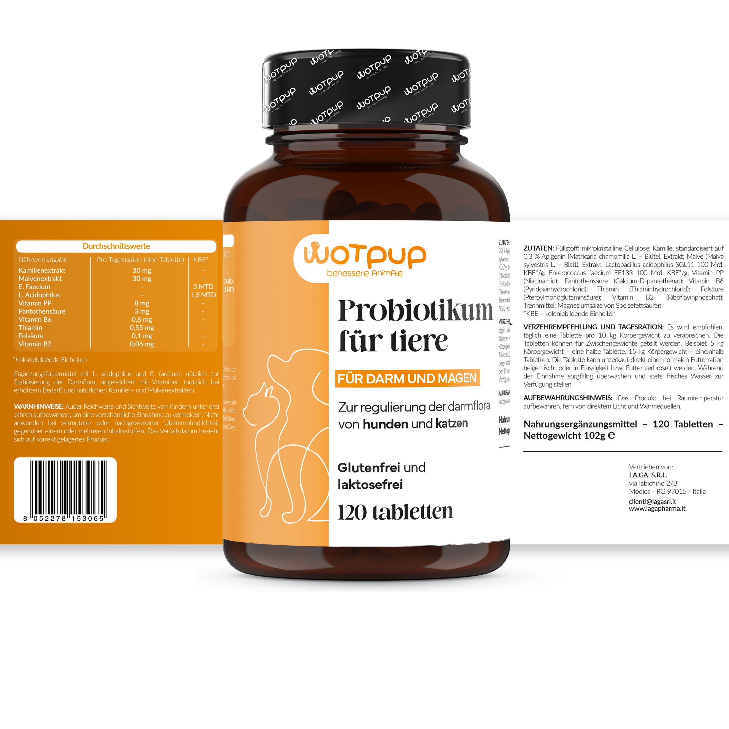 Braune Tablettenflasche mit Etiketten. Text: Probiotikum für Tiere, für Darm und Magen. 120 Tabletten. Glutenfrei und laktosefrei.