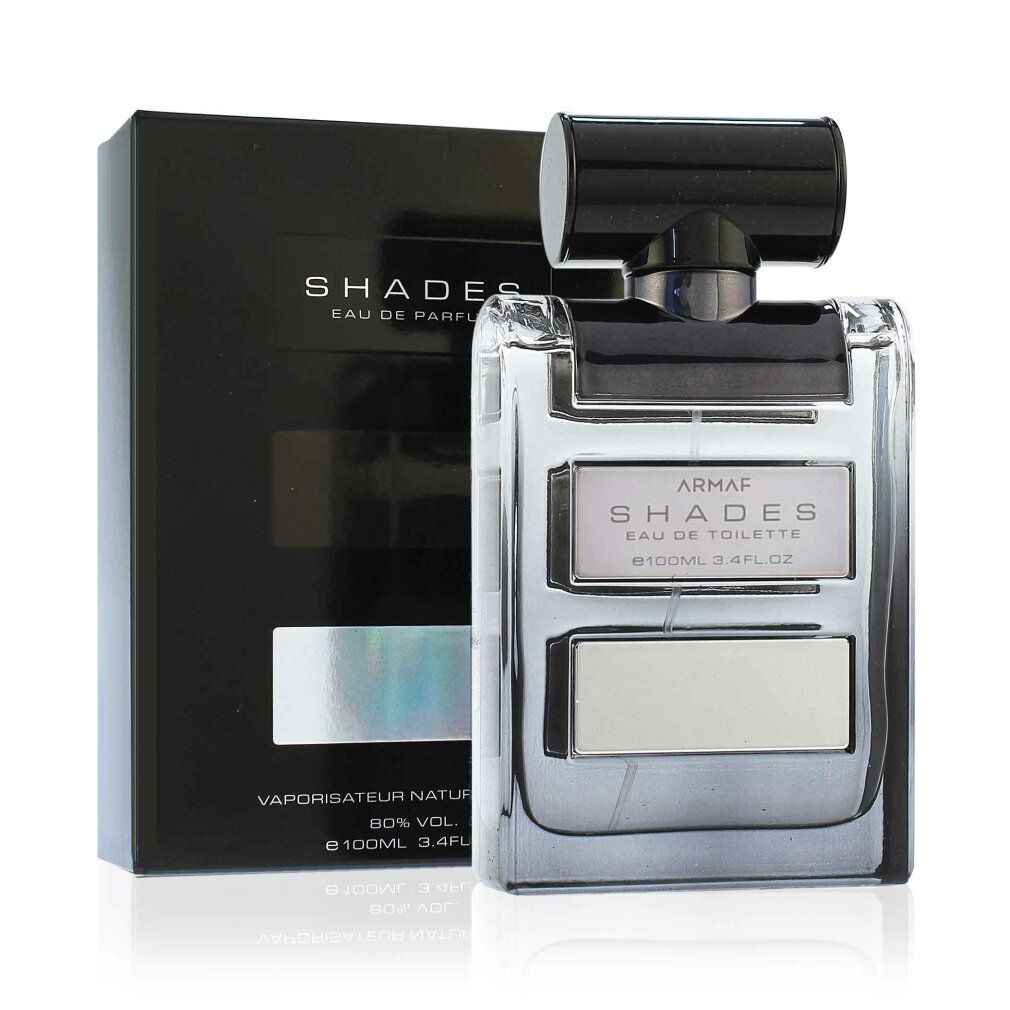 Armaf Shades Eau de Parfum Flakon und Schachtel. Schwarze Schachtel, grauer Flakon mit silbernen Details. Text: Armaf Shades Eau de Parfum.