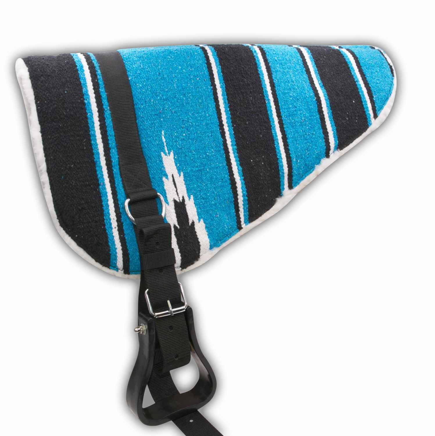 Bareback Pad mit blau, schwarz, weiß gestreiftem Stoff. Schwarze Riemen und Steigbügel. Weiße Umrandung.