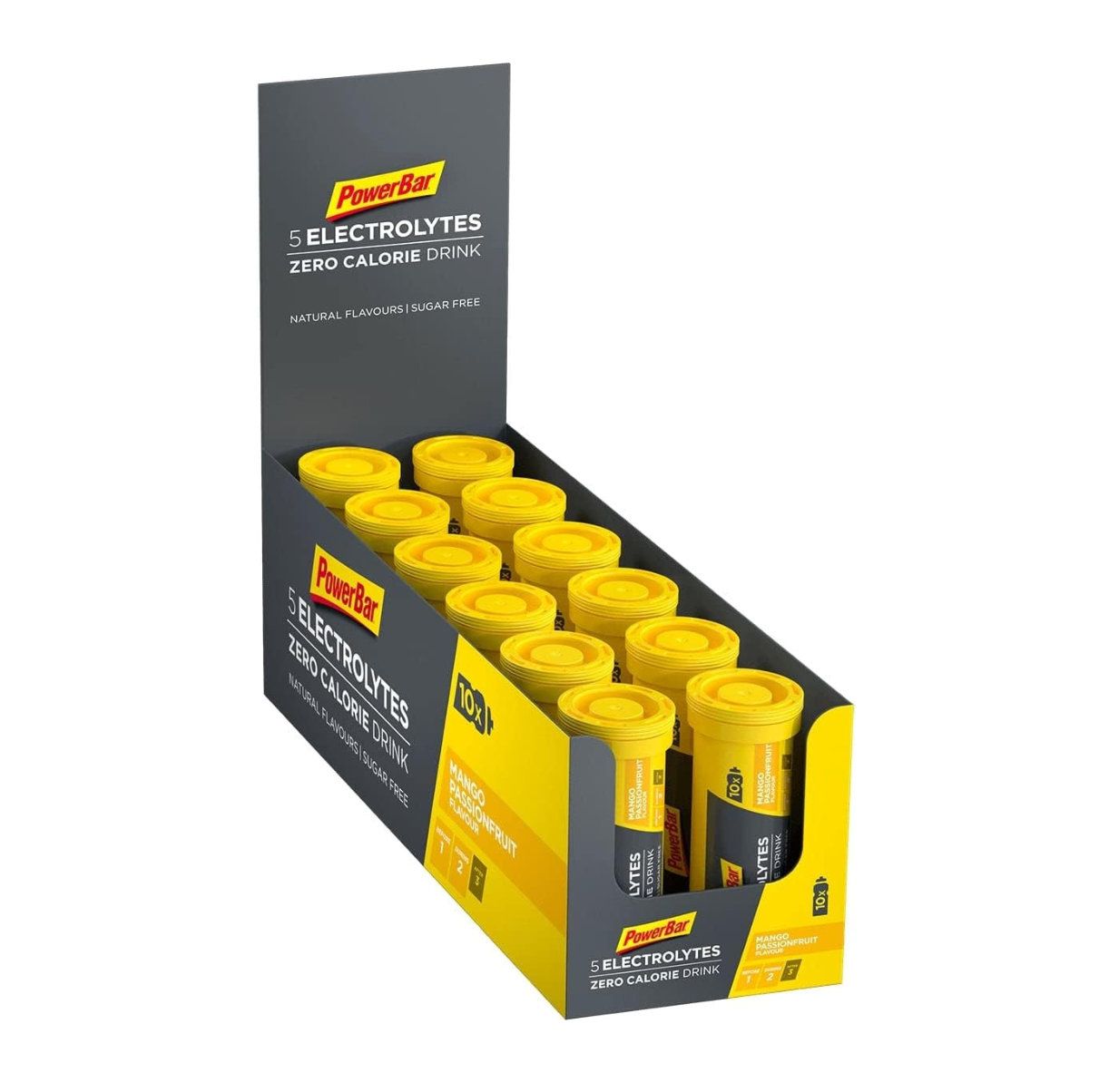 Verkaufsdisplay mit Powerbar 5 Electrolytes. Gelbe Tabletten in zylindrischen Behältern. Aufdruck: Powerbar, 5 Electrolytes, Zero Calorie Drink.