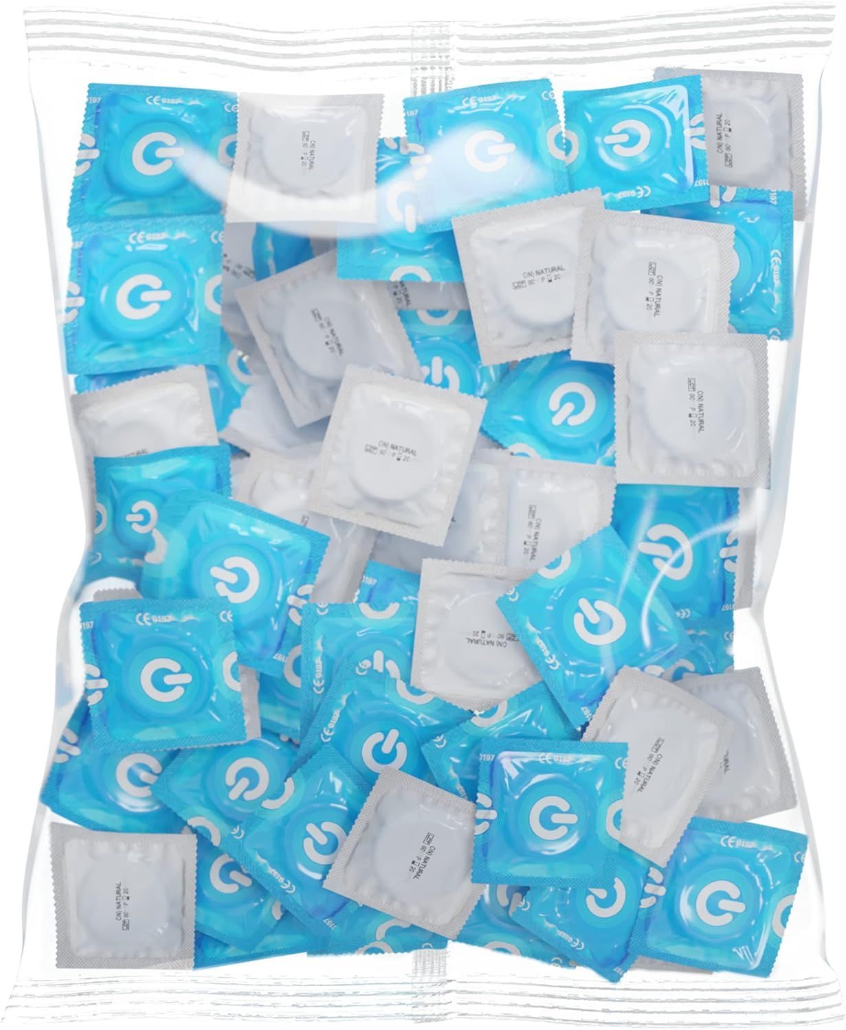 Großpackung mit 100 einzeln verpackten Kondomen, blau und weiß.