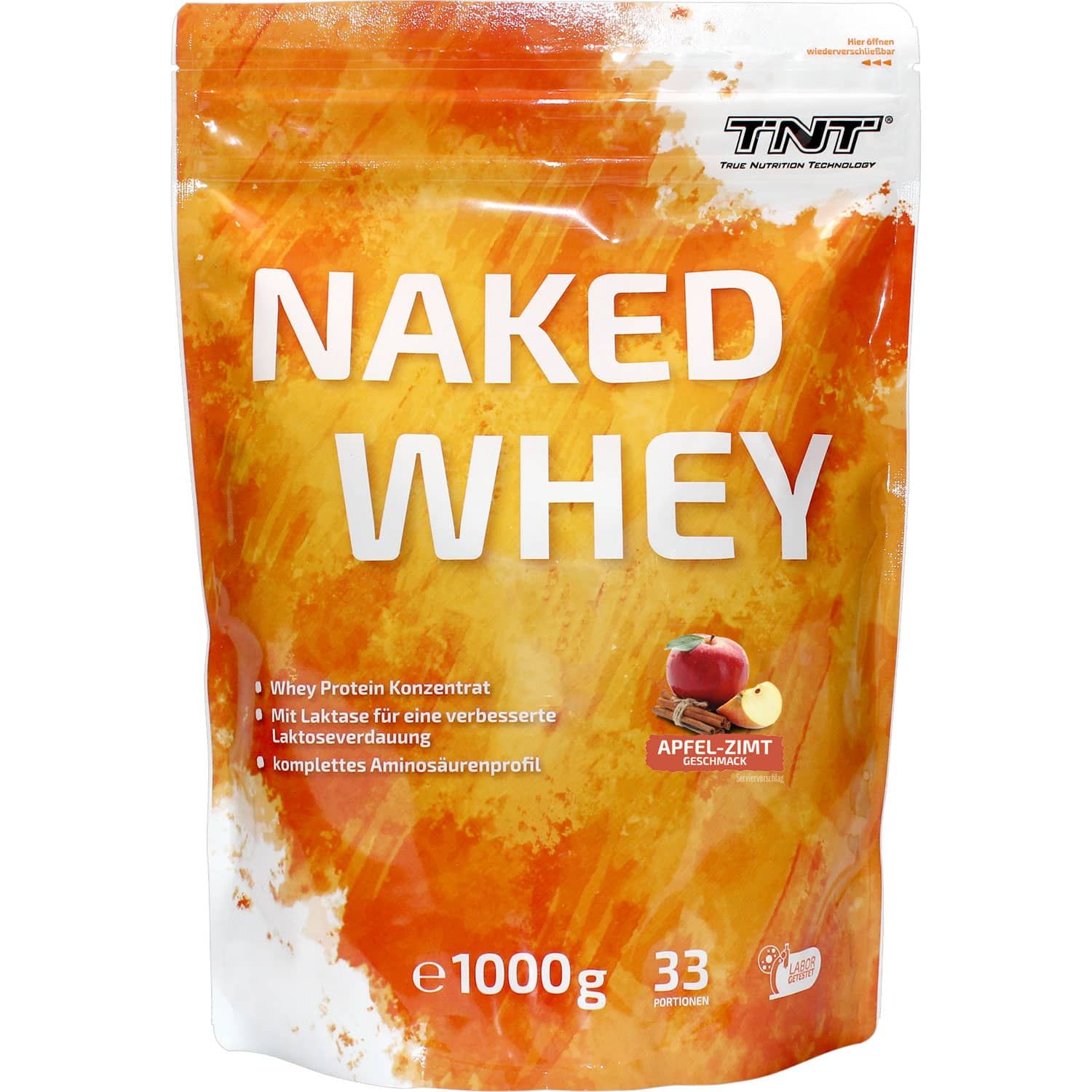 Beutel TNT Naked Whey, Apfel-Zimt Geschmack. Enthält Molkenproteinkonzentrat und Laktase. 1000g.