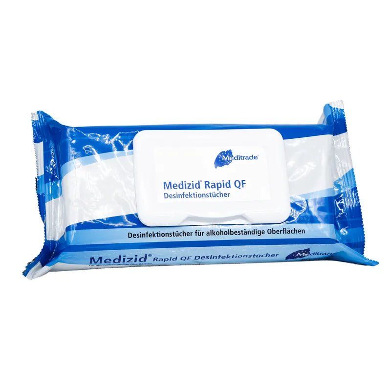 Meditrade Medizid® Rapid QF Desinfektionstücher in einer blauen Verpackung mit Spendekappe.