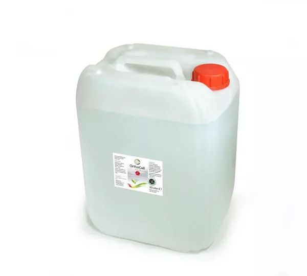 Weißer Kanister mit Griff und rotem Deckel. Etikett mit Logo und Text. Flüssigkeit sichtbar. 25 Liter.