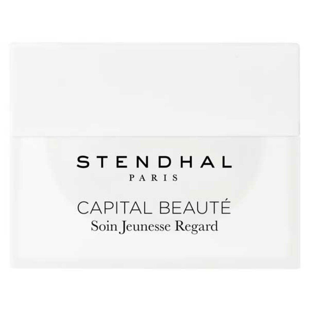Weißer Tiegel mit Deckel. Aufschrift: STENDHAL PARIS, CAPITAL BEAUTÉ Soin Jeunesse Regard.