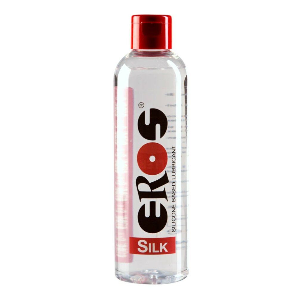 Klare Flasche mit rotem Deckel. Aufdruck: EROS SILK. Silikonbasiertes Gleitmittel.