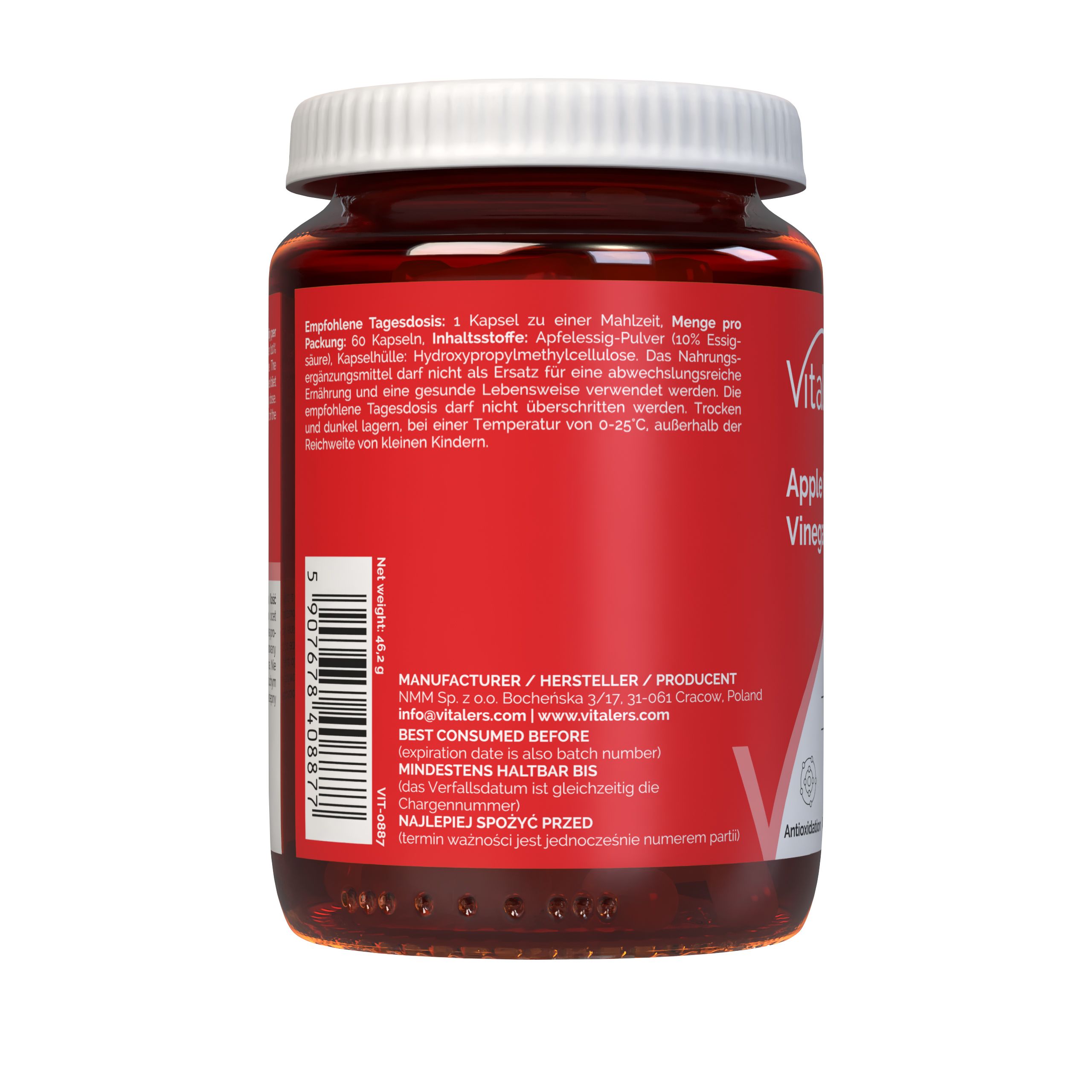 Rückseite der Vitaler's Apfelessig Kapseln 650 mg Dose. Enthält Herstellerinformationen und Mindesthaltbarkeitsdatum.