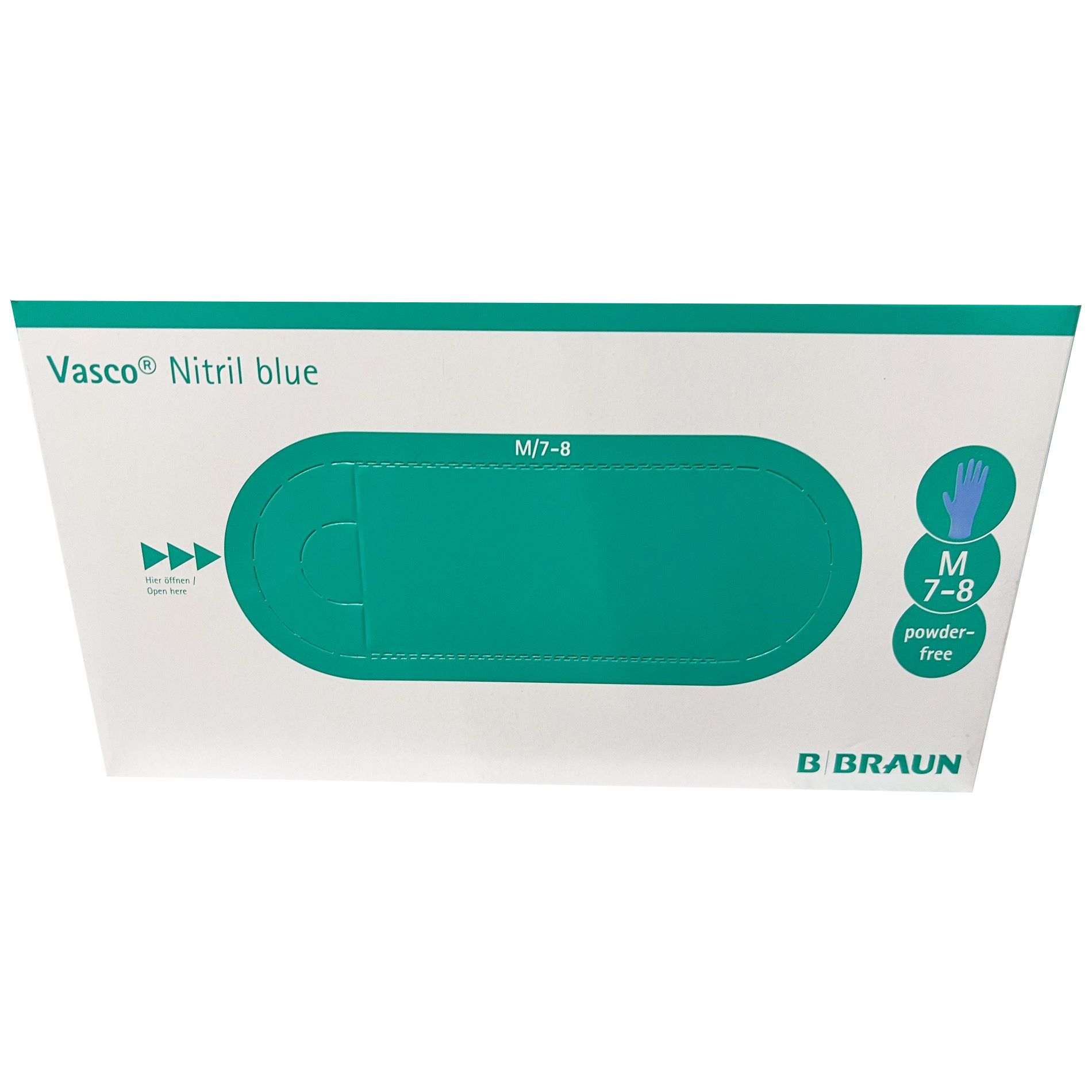 Verpackung von Vasco® Nitril blue Untersuchungshandschuhen. Grün-weiße Box mit Produktinformationen und B. Braun Logo.