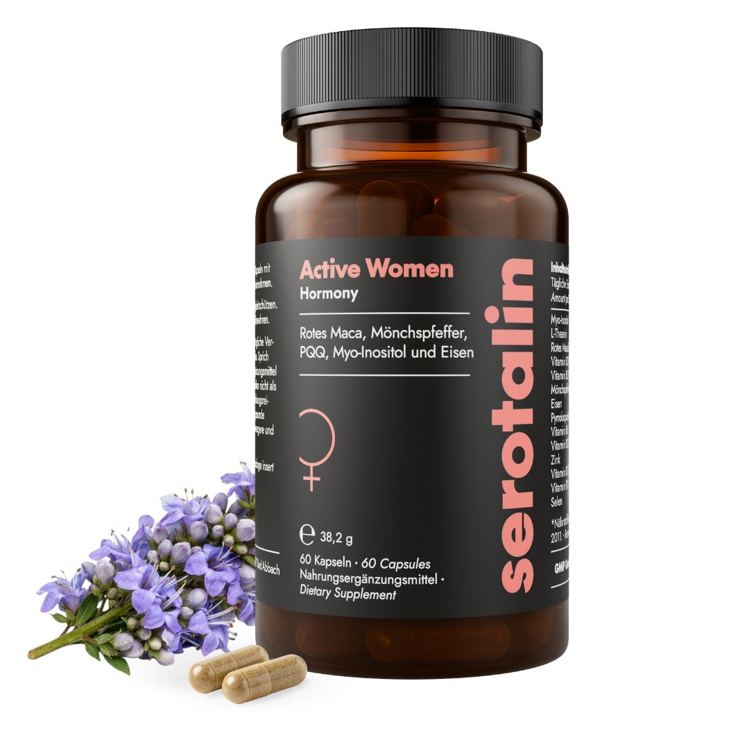 Serotalin Active Women Hormony Flasche mit Kapseln und lila Blüte, 60 Kapseln.
