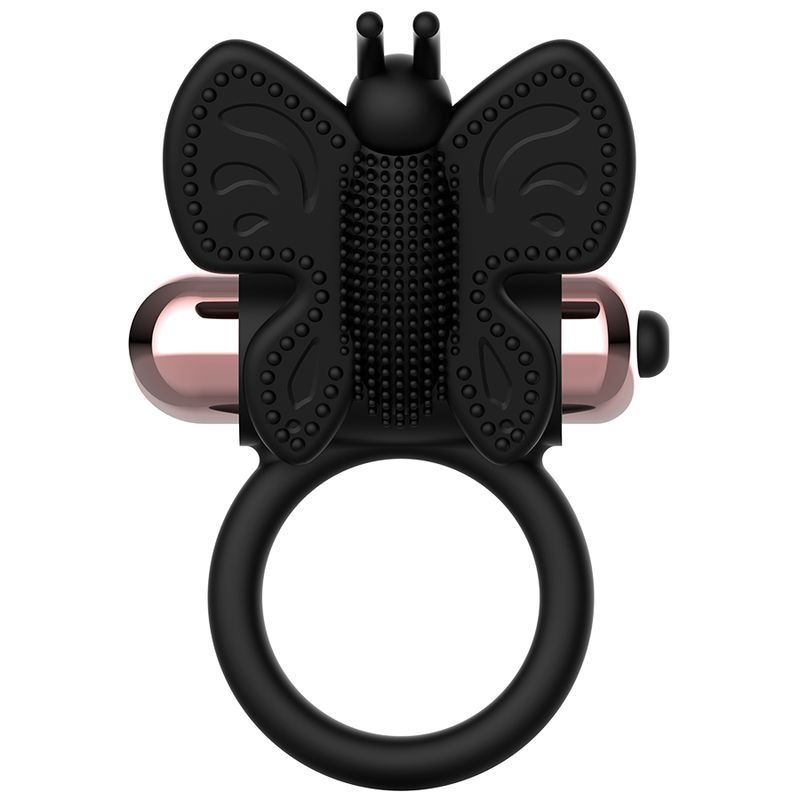 Schwarzer Vibrationsring mit Schmetterlingsdesign und rosegoldfarbenen Elementen.