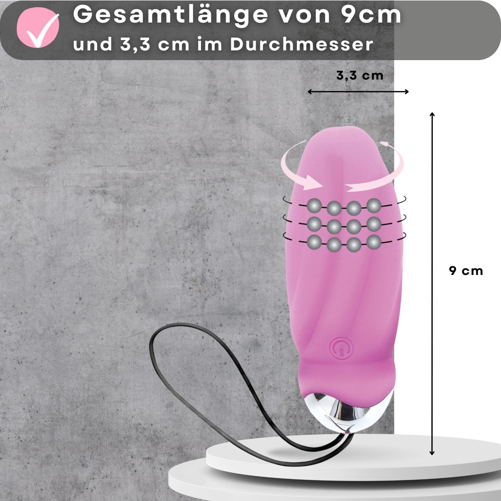 Rosa Vibrator-Ei. 9 cm lang, 3,3 cm Durchmesser. Mit Fernbedienung. Silikon und ABS. 8 Vibrationsmodi. Wiederaufladbar.