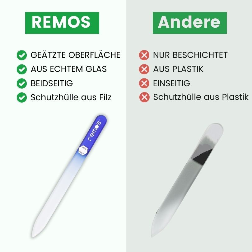 Vergleich: Glasnagelfeile mit blauen Griff vs. andere. Text: geätzte Oberfläche, aus Echtglas, beidseitig, Schutzhülle aus Filz.