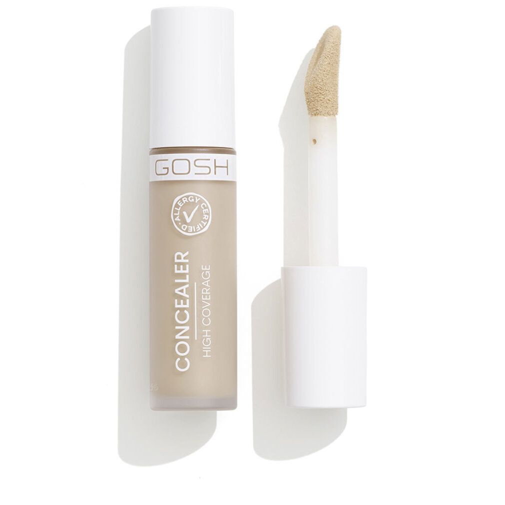 Beige Concealer-Tube mit weißem Deckel und Applikator. Aufschrift: GOSH, Concealer, High Coverage. Allergie-Zertifizierung.